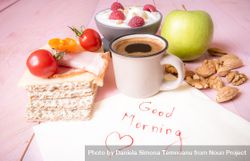 Healthy food and good morning message note 5QYZE5