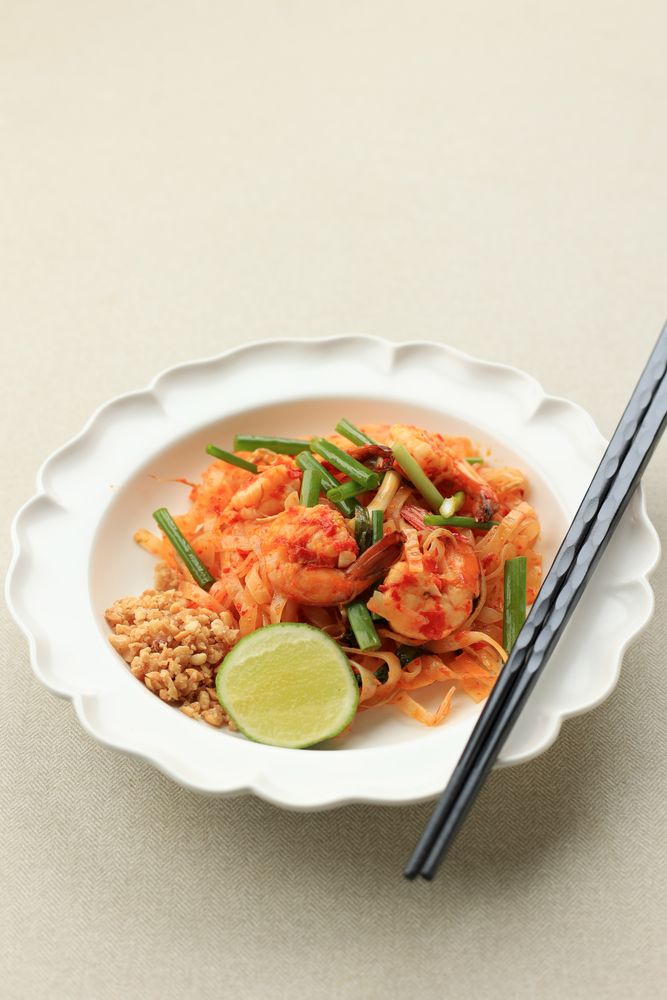 Shrimp Pad Thai made with Rice Noodles,  Menu Item at Asian Restaurants.