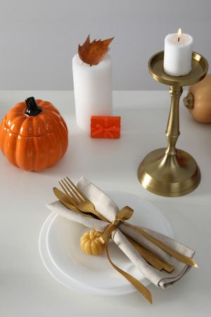 Concept of Thanksgiving day, Autumn table setting on table