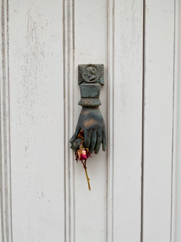 Patmian knocker close up of hand holding a rose