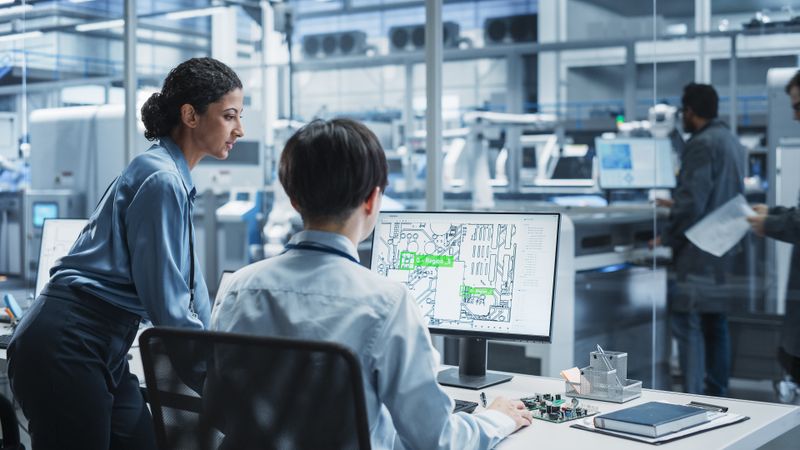 Hispanic Female Manager And Asian Male Engineer Using Desktop Computer With Microchip Blueprints at the Factory With Robotic Arms.