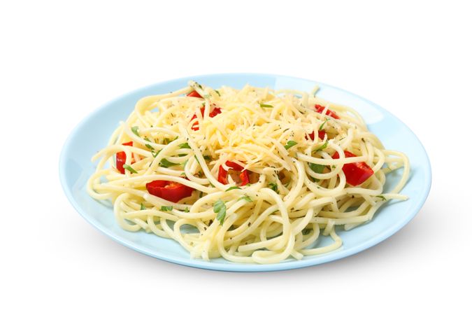 Plate with tasty pasta isolated on plain background