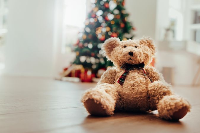 Teddy bear as Christmas gift for children with copy space