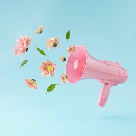 Pink megaphone with colorful summer flowers and green leaves against pastel blue background