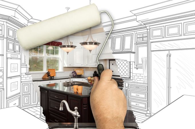 Before and After of Man Painting Roller to Reveal Custom Kitchen Photograph Under Pencil Sketch Drawing Plans.