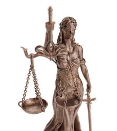 Bronze Lady of Justice Statue Isolated on a Plain Background.