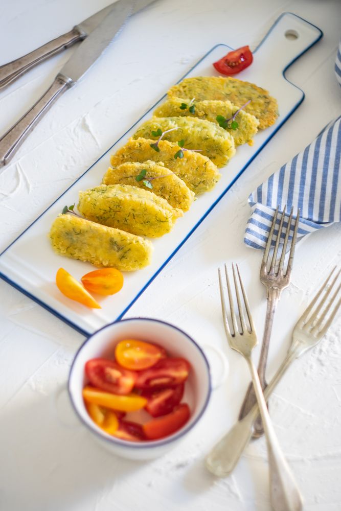 Rectangular serving dish with homemade cheese sticks