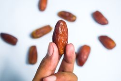 Hand hold date fruit on blank background with random dates