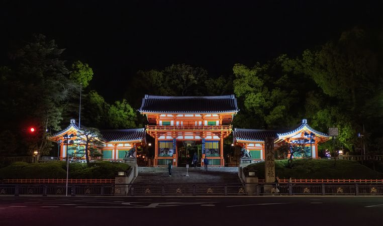Easterior view of Yasaka Shrine at night in Gion District of Kyoto, Japan