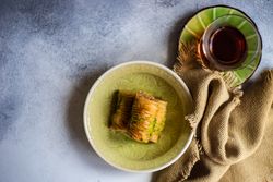 Top view of plate of famous Turkish sweet baklava