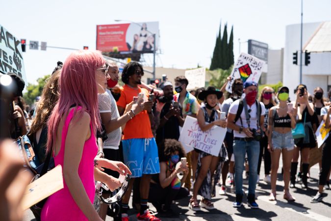 Los Angeles, CA, USA — June 14th, 2020: multi-ethnic group of people gather for protest