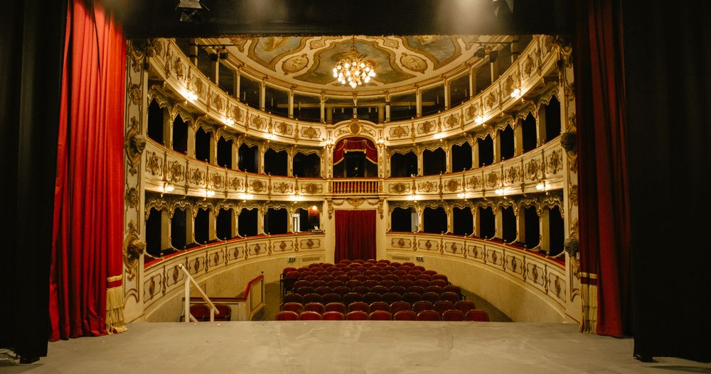 Well-lit Opera House with Beautiful Mural Paintings Ready to Recieve Audience for a Play or Ballet Show