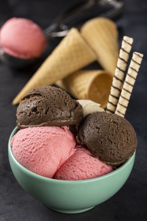 Bowl with Neapolitan ice cream on dark background.