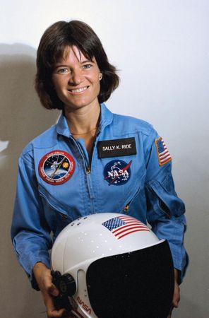 Astronaut Sally Ride with Launch and Entry Helmet At NASA's Johnson Space Center