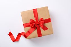 Beautiful gift box with red bow on blank background, space for text