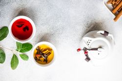 Top view of two cups of tea with tea pot