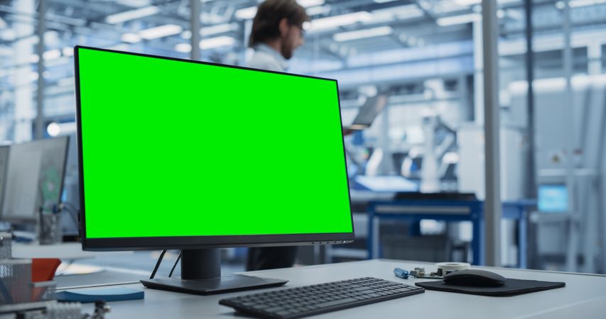 Modern Industrial Manufacture with Desktop Computer with Green Screen Mock Up Display. Scientific Lab, Engineering Research Center with High-Tech Equipment, Technology for Robot Development