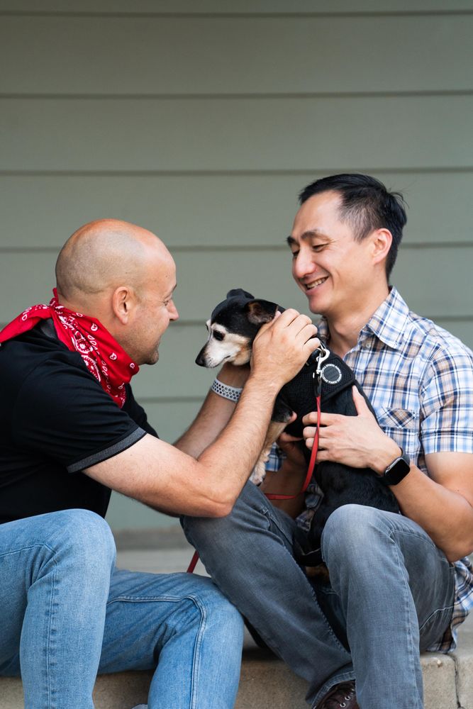 Male partners having fun giving affection to their rescue dog on their front porch