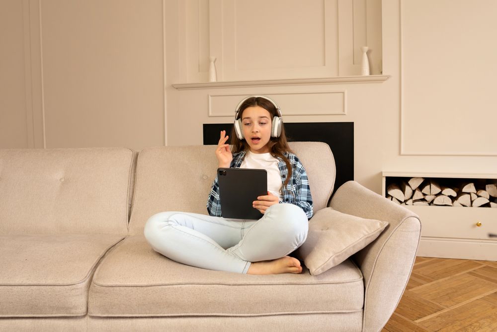 Girl having video call on tablet while wearing headphones.