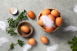 Concept of natural farm product - eggs, top view