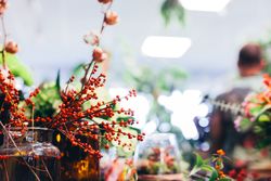 Decorative flowers on the counter in the flower shop.