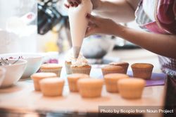Cropped image of woman adding frosting to cupcake on tray 0KJEYb