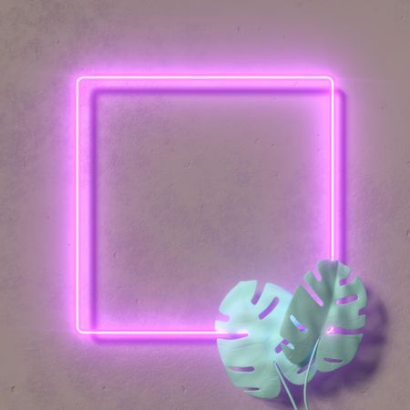 Fluorescent purple square frame with tropical leaves
