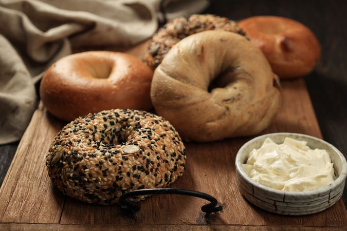 Various Flavour Bagels with Cream Cheese Spread
