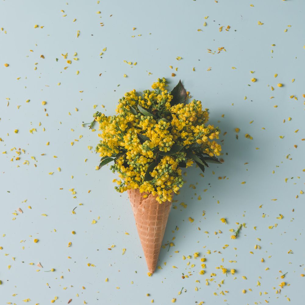 Ice cream cone with yellow flowers and leaves