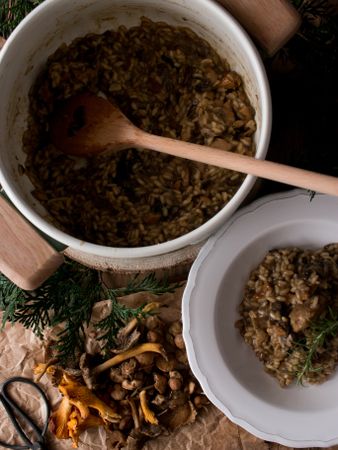 Rosemary on risotto with rabbit and mushrooms