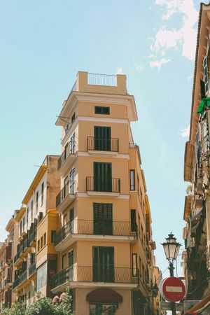 Old building in classic European style in Spain. Street life in Palma de Mallorca, Spain