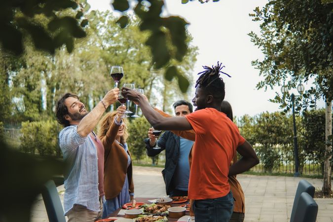 Multi-ethnic group of friends cheerfully toasting with drinks at an outdoor party
