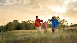Panoramic banner of a happy family playing in a field at sunset.