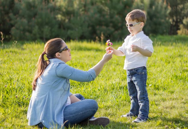Son giving a bouquet of flowers to his pregnant mother in a field