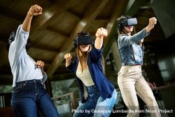 Group of young women using virtual reality headset 41lpWD