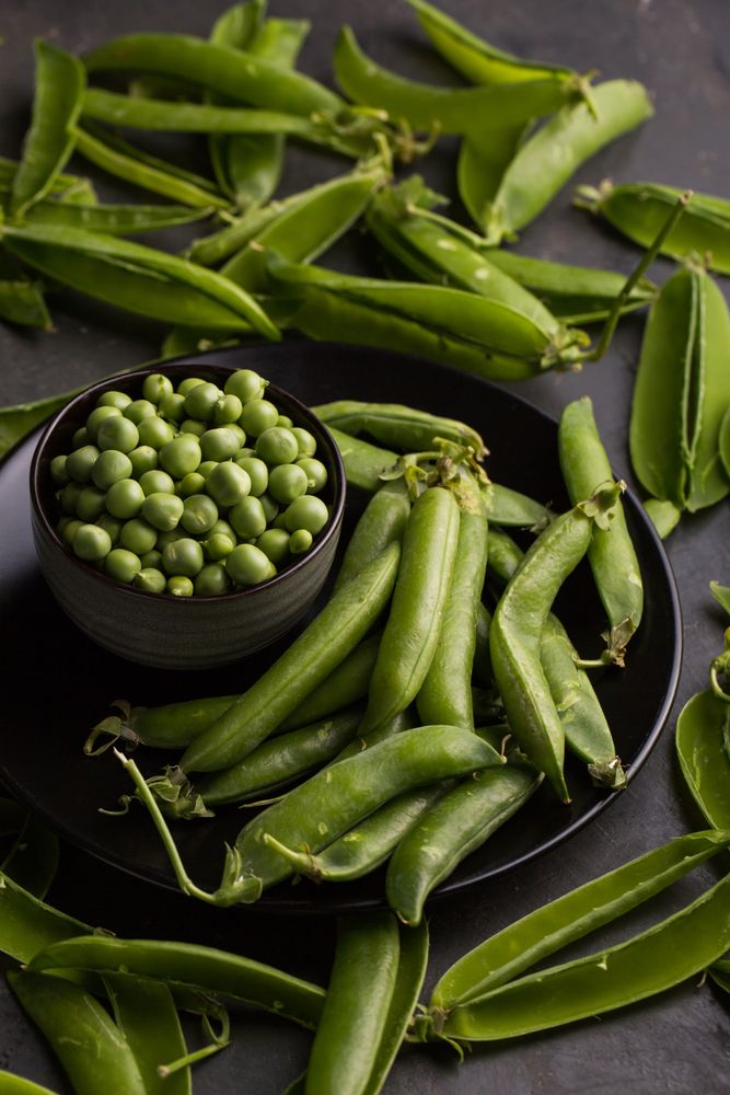 Fresh peas and pea pods on dark background