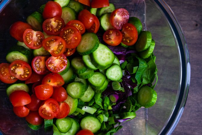 Bowl of fresh vegetables assembled for salad