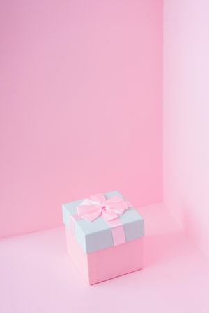 Pink and baby blue jewelry gift box on pastel backdrop