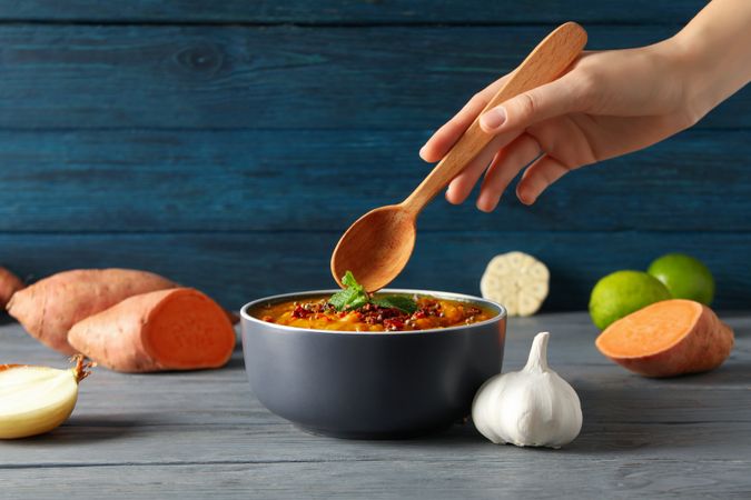 Concept of tasty food, sweet potato puree