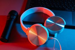 Concept of listening audio, music with headphones