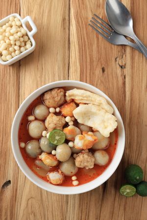 Top View Spicy Baso Cilok Kuah with Cuanki and Pilus