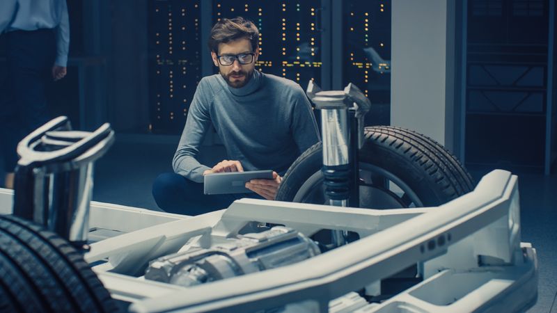 Automobile Design Engineer Sitting Beside Hybrid Electric Car Chassis Platform Prototype, Using Tablet Computer for Design Enhancement