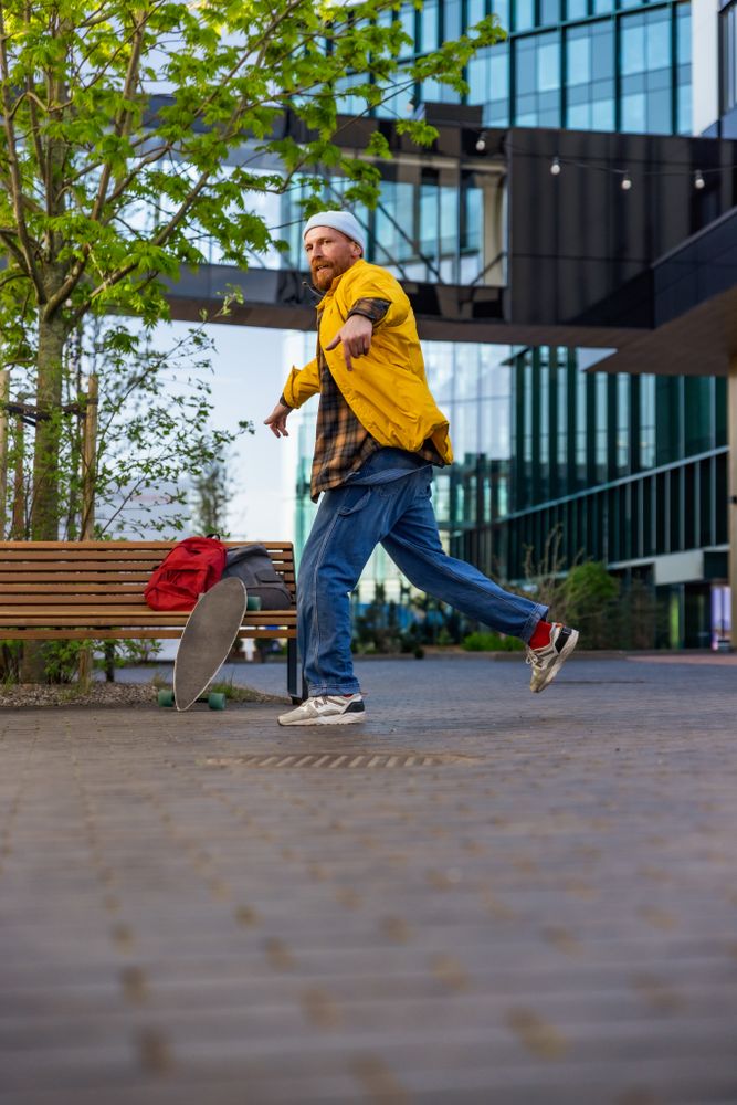 Fashionable Man Practicing Choreography For Break Dance Battle.