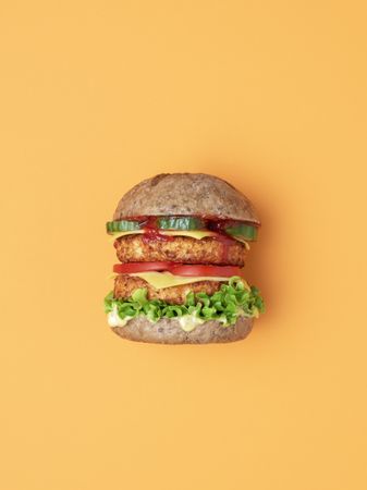 Veggie burger top view isolated on an orange background