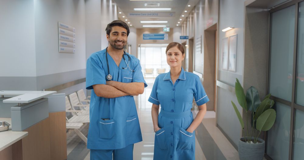 Two Friendly Indian Doctors: Team Portrait of a Female and Male Successful Medical Healthcare Professionals Standing in a Hospital