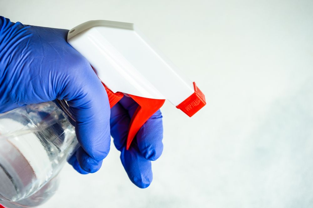 Hands in latex gloves holding spray bottle