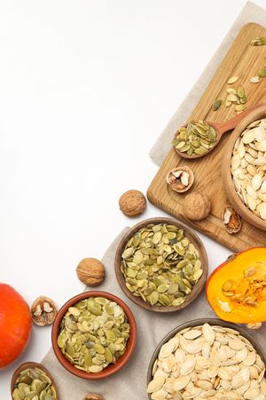 Cooking ingredients for fall season - pumpkin seeds, pumpkin