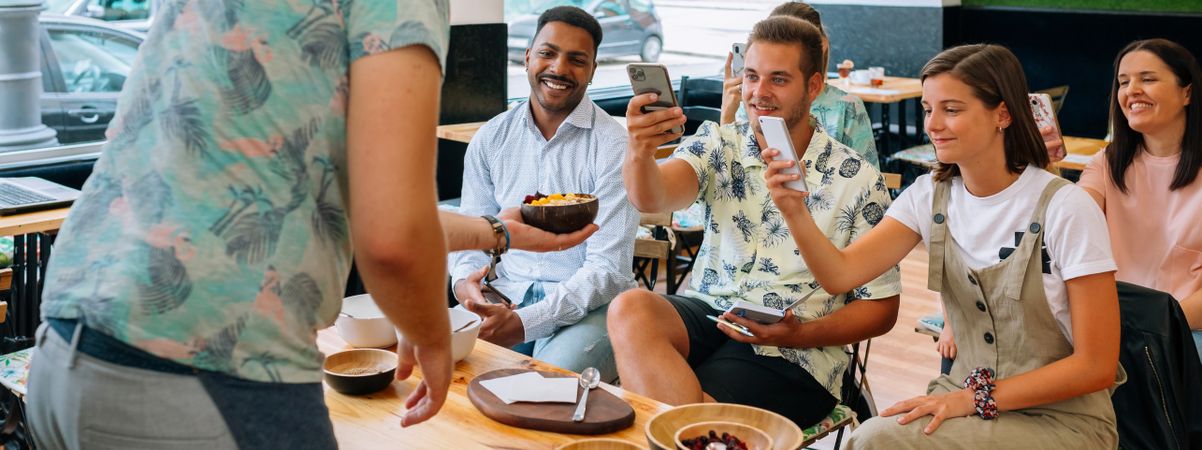 Banner of chef serving exotic dish to food bloggers taking pictures during cooking master class