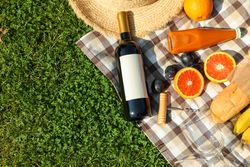 Bottle of wine, baguette, fruits, straw hat and towel on grass, space for text