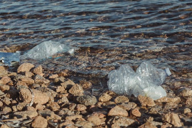 Plastic bottle lying on seashore
